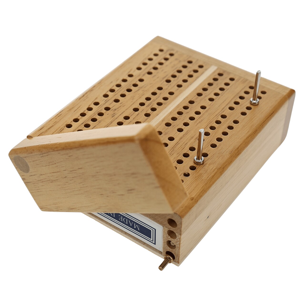 WE Games Mini Travel Cribbage Set - Solid Wood 2 Track Board with Swivel Top and Storage for Cards and Metal Pegs